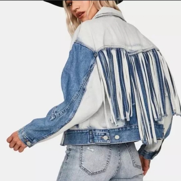 BLANKNYC Bonnaroo Blue Denim Two Tone Fringe Western Jean Jacket Size M - Picture 2 of 11